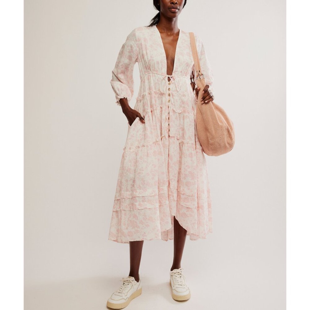 NWOT FREE PEOPLE Pappiet Midi Dress Femme Combo size XL Pink and White rose